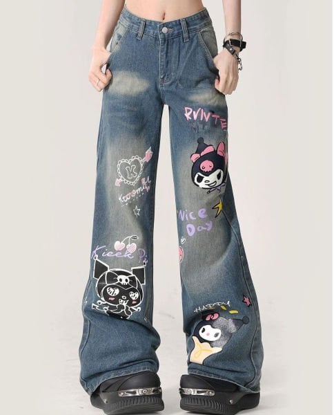 Y2K Kuromi Baskı Detay  Korea  Jeans Pantolon