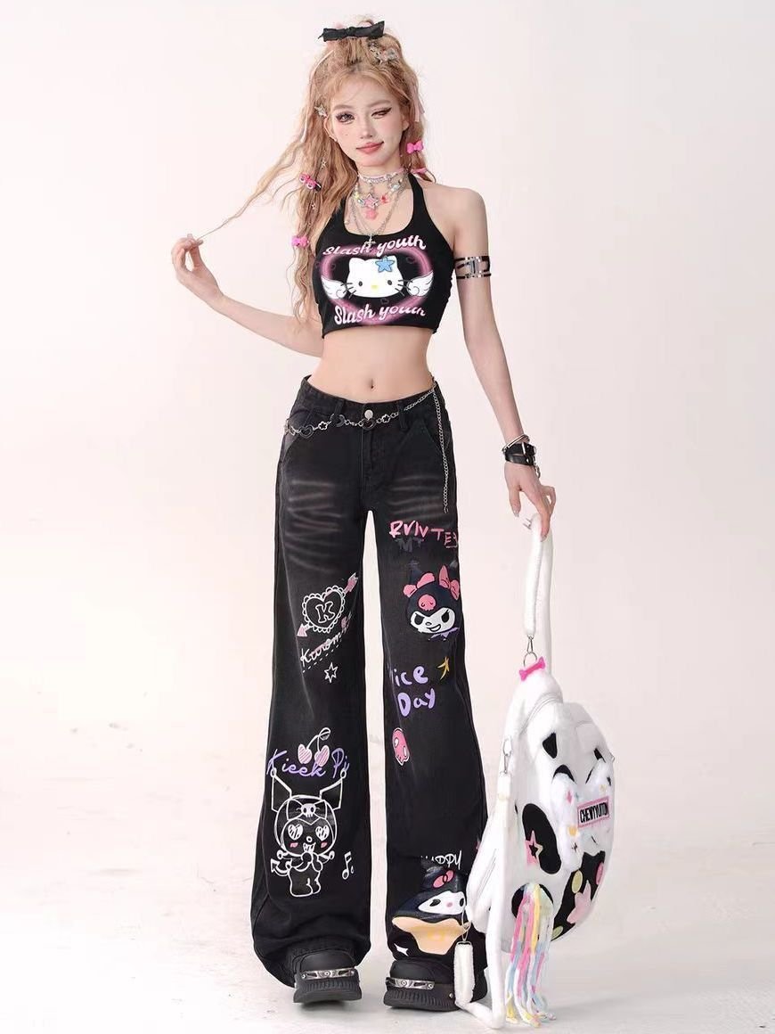 Y2K Kuromi Baskı Detay  Korea  Jeans Pantolon