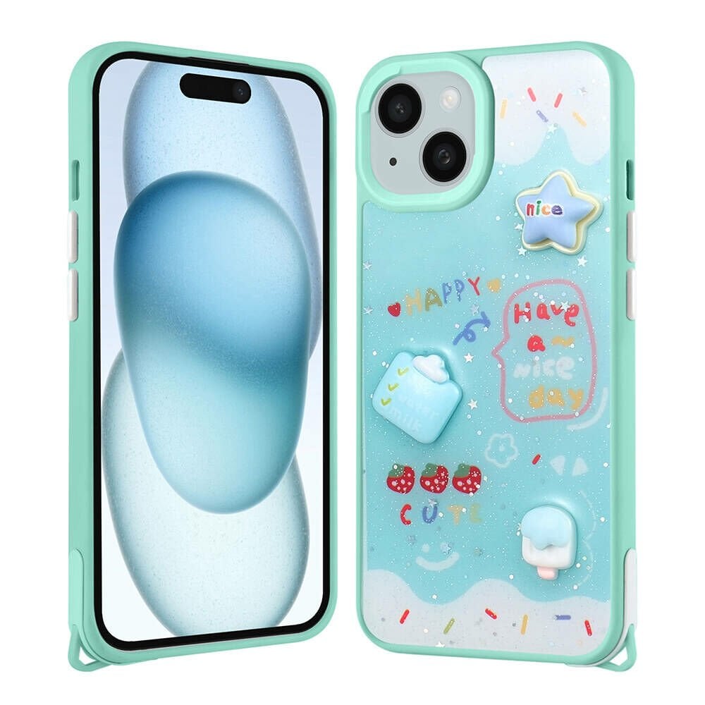 iPhone 15 Plus Kılıf Parlayan Simli Kabartma Figürlü Cevze Kapak