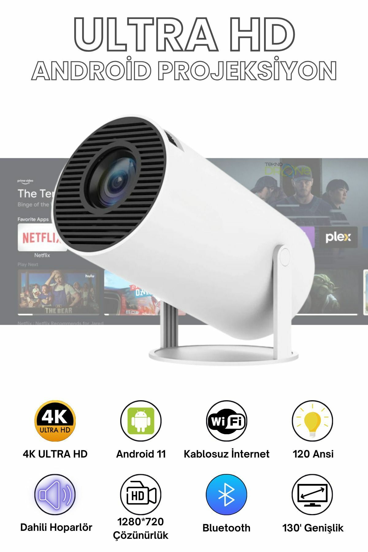 Taşınabilir Android Projeksiyon En Güncel Versiyon Wifi Destekli Akıllı Sinema Projektör Ultra Hd