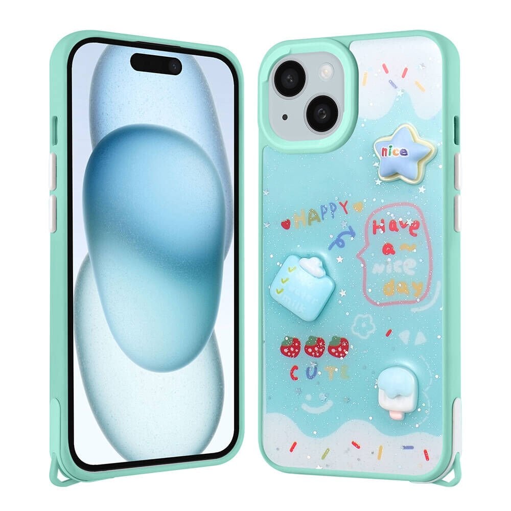 iPhone 14 Kılıf Parlayan Simli Kabartma Figürlü Cevze Kapak