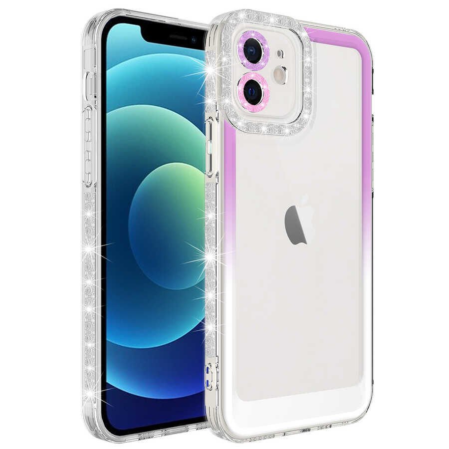 iPhone 12 Kılıf Simli ve Renk Geçiş Tasarımlı Lens Korumalı Park Kapak