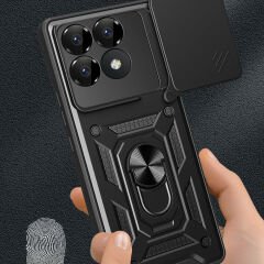 Xiaomi Poco F6 Pro Kılıf Magnetik Standlı Kamera Korumalı Sürgülü Vega Kapak Mavi