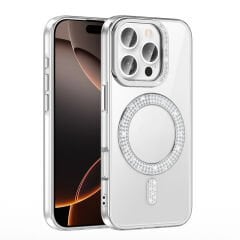 iPhone 16 Pro Kılıf Pırlanta Taş Tasarımlı Kablosuz Şarj Özellikli Karetta Silikon Kapak