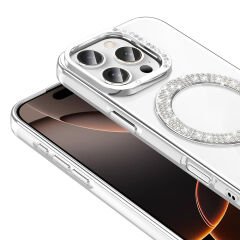 iPhone 16 Pro Kılıf Pırlanta Taş Tasarımlı Kablosuz Şarj Özellikli Karetta Silikon Kapak