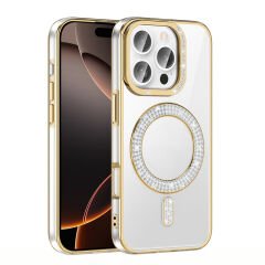 iPhone 16 Pro Kılıf Pırlanta Taş Tasarımlı Kablosuz Şarj Özellikli Karetta Silikon Kapak