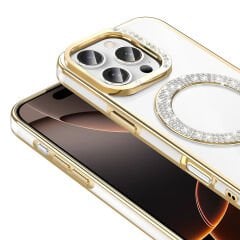 iPhone 16 Pro Kılıf Pırlanta Taş Tasarımlı Kablosuz Şarj Özellikli Karetta Silikon Kapak