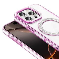 iPhone 16 Pro Kılıf Pırlanta Taş Tasarımlı Kablosuz Şarj Özellikli Karetta Silikon Kapak