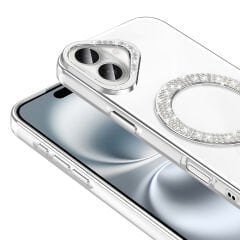 iPhone 16 Plus Kılıf Pırlanta Taş Tasarımlı Kablosuz Şarj Özellikli Karetta Silikon Kapak