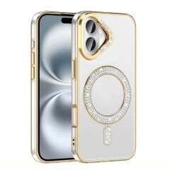 iPhone 16 Plus Kılıf Pırlanta Taş Tasarımlı Kablosuz Şarj Özellikli Karetta Silikon Kapak
