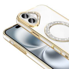 iPhone 16 Plus Kılıf Pırlanta Taş Tasarımlı Kablosuz Şarj Özellikli Karetta Silikon Kapak
