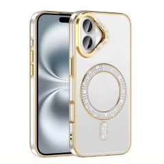 iPhone 16 Kılıf Pırlanta Taş Tasarımlı Kablosuz Şarj Özellikli Karetta Silikon Kapak