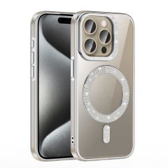 iPhone 15 Pro Max Kılıf Pırlanta Taş Tasarımlı Kablosuz Şarj Özellikli Karetta Silikon Kapak