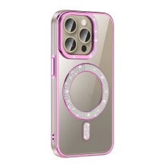 iPhone 15 Pro Kılıf Pırlanta Taş Tasarımlı Kablosuz Şarj Özellikli Karetta Silikon Kapak