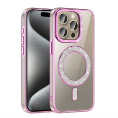 iPhone 15 Pro Kılıf Pırlanta Taş Tasarımlı Kablosuz Şarj Özellikli Karetta Silikon Kapak