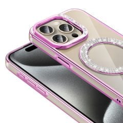 iPhone 15 Pro Kılıf Pırlanta Taş Tasarımlı Kablosuz Şarj Özellikli Karetta Silikon Kapak