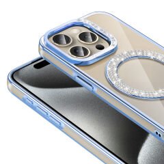 iPhone 15 Pro Kılıf Pırlanta Taş Tasarımlı Kablosuz Şarj Özellikli Karetta Silikon Kapak