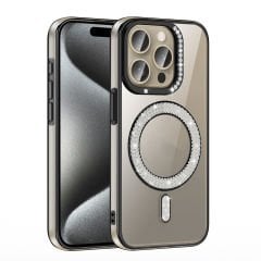 iPhone 15 Pro Kılıf Pırlanta Taş Tasarımlı Kablosuz Şarj Özellikli Karetta Silikon Kapak