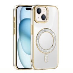 iPhone 15 Kılıf Pırlanta Taş Tasarımlı Kablosuz Şarj Özellikli Karetta Silikon Kapak