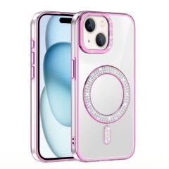iPhone 15 Kılıf Pırlanta Taş Tasarımlı Kablosuz Şarj Özellikli Karetta Silikon Kapak