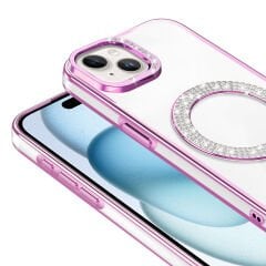 iPhone 15 Kılıf Pırlanta Taş Tasarımlı Kablosuz Şarj Özellikli Karetta Silikon Kapak