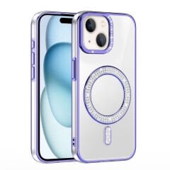 iPhone 15 Kılıf Pırlanta Taş Tasarımlı Kablosuz Şarj Özellikli Karetta Silikon Kapak