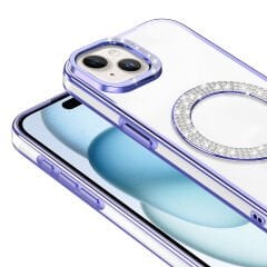 iPhone 15 Kılıf Pırlanta Taş Tasarımlı Kablosuz Şarj Özellikli Karetta Silikon Kapak