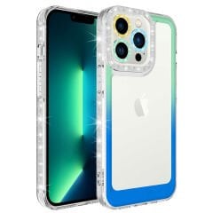 iPhone 14 Pro Kılıf Simli ve Renk Geçiş Tasarımlı Lens Korumalı Park Kapak
