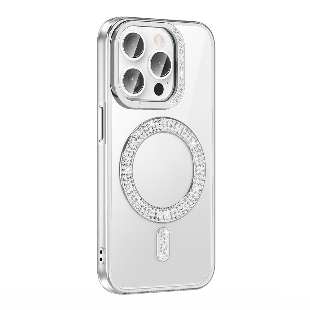 iPhone 14 Pro Max Kılıf Pırlanta Taş Tasarımlı Kablosuz Şarj Özellikli Karetta Silikon Kapak