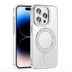 iPhone 14 Pro Max Kılıf Pırlanta Taş Tasarımlı Kablosuz Şarj Özellikli Karetta Silikon Kapak