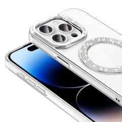 iPhone 14 Pro Max Kılıf Pırlanta Taş Tasarımlı Kablosuz Şarj Özellikli Karetta Silikon Kapak