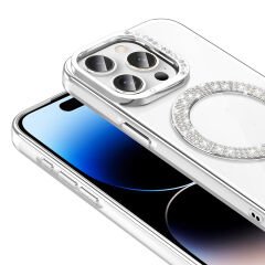 iPhone 14 Pro Max Kılıf Pırlanta Taş Tasarımlı Kablosuz Şarj Özellikli Karetta Silikon Kapak