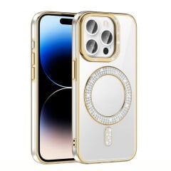 iPhone 14 Pro Max Kılıf Pırlanta Taş Tasarımlı Kablosuz Şarj Özellikli Karetta Silikon Kapak