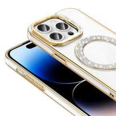 iPhone 14 Pro Max Kılıf Pırlanta Taş Tasarımlı Kablosuz Şarj Özellikli Karetta Silikon Kapak