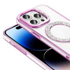 iPhone 14 Pro Max Kılıf Pırlanta Taş Tasarımlı Kablosuz Şarj Özellikli Karetta Silikon Kapak