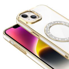 iPhone 14 Kılıf Pırlanta Taş Tasarımlı Kablosuz Şarj Özellikli Karetta Silikon Kapak