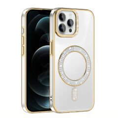 iPhone 12 Kılıf Pırlanta Taş Tasarımlı Kablosuz Şarj Özellikli Karetta Silikon Kapak
