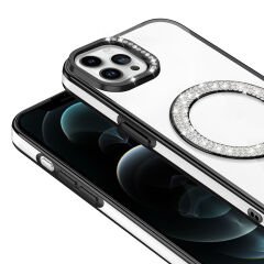 iPhone 12 Kılıf Pırlanta Taş Tasarımlı Kablosuz Şarj Özellikli Karetta Silikon Kapak
