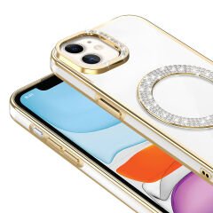 iPhone 11 Kılıf Pırlanta Taş Tasarımlı Kablosuz Şarj Özellikli Karetta Silikon Kapak