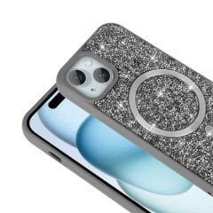 iPhone 14 Kılıf Pırlanta Tasarımlı Kablosuz Şarj Özellikli Mozaik Silikon Kapak