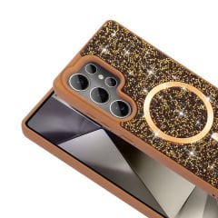 Samsung Galaxy S25 Ultra Kılıf Pırlanta Tasarımlı Kablosuz Şarj Özellikli Mozaik Silikon Kapak