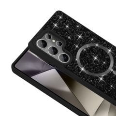 Samsung Galaxy S25 Ultra Kılıf Pırlanta Tasarımlı Kablosuz Şarj Özellikli Mozaik Silikon Kapak