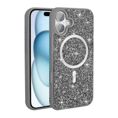 iPhone 16 Pro Kılıf Pırlanta Tasarımlı Kablosuz Şarj Özellikli Mozaik Silikon Kapak