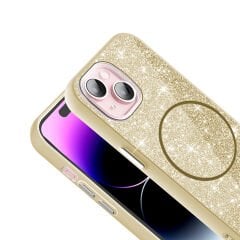 iPhone 15 Plus Kılıf Magsafe Şarj Özellikli Parlayan Simli Okso Kapak