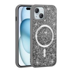 iPhone 15 Plus Kılıf Pırlanta Tasarımlı Kablosuz Şarj Özellikli Mozaik Silikon Kapak