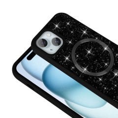 iPhone 15 Plus Kılıf Pırlanta Tasarımlı Kablosuz Şarj Özellikli Mozaik Silikon Kapak