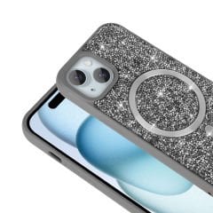 iPhone 15 Plus Kılıf Pırlanta Tasarımlı Kablosuz Şarj Özellikli Mozaik Silikon Kapak