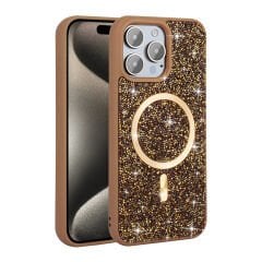 iPhone 15 Pro Kılıf Pırlanta Tasarımlı Kablosuz Şarj Özellikli Mozaik Silikon Kapak