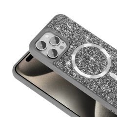 iPhone 15 Pro Kılıf Pırlanta Tasarımlı Kablosuz Şarj Özellikli Mozaik Silikon Kapak