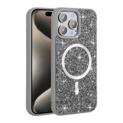 iPhone 15 Pro Max Kılıf Pırlanta Tasarımlı Kablosuz Şarj Özellikli Mozaik Silikon Kapak